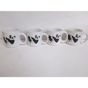 Vintage Panda Mug Set of 4 - Panda Holding Bamboo